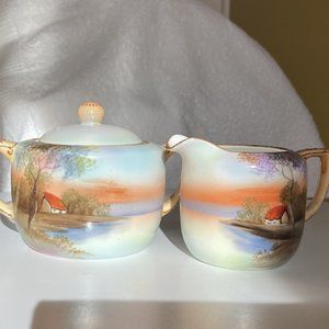 Vintage (pre WWII) Noritake Hand Painted Sugar & Creamer Set